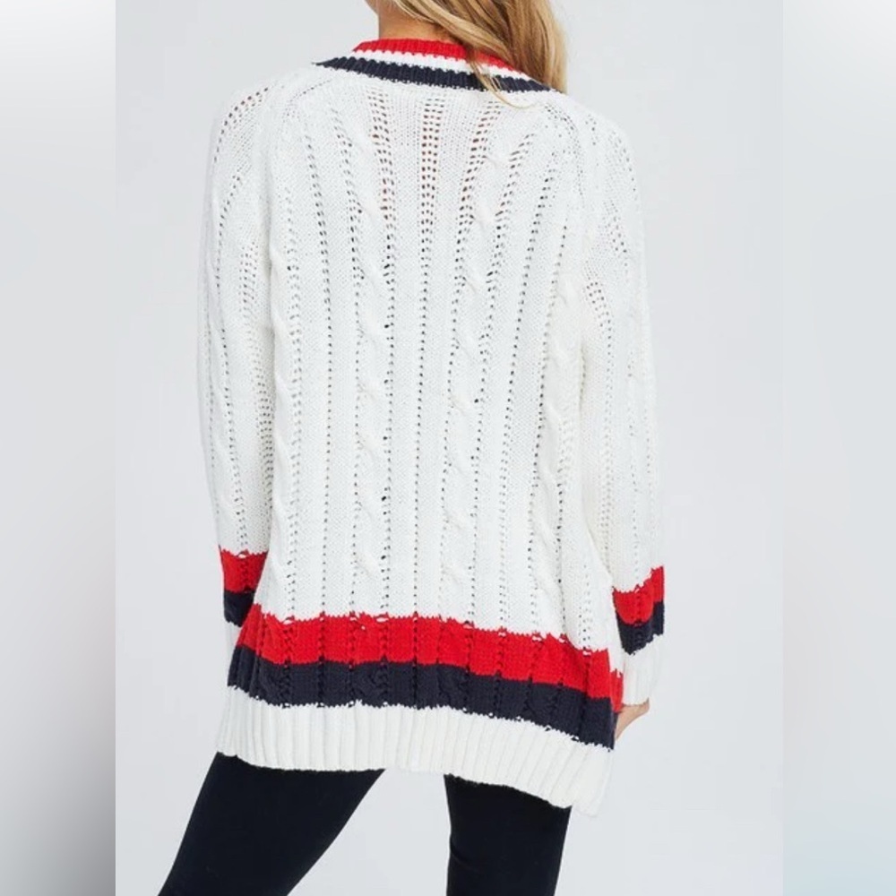 DAVI & DANI White Navy and Red Cardigan Sweater with Bold Stripes Medium NWOT - Picture 10 of 10